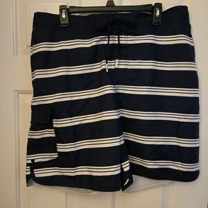 Lands' End Navy Blue and White Striped Swim Shorts